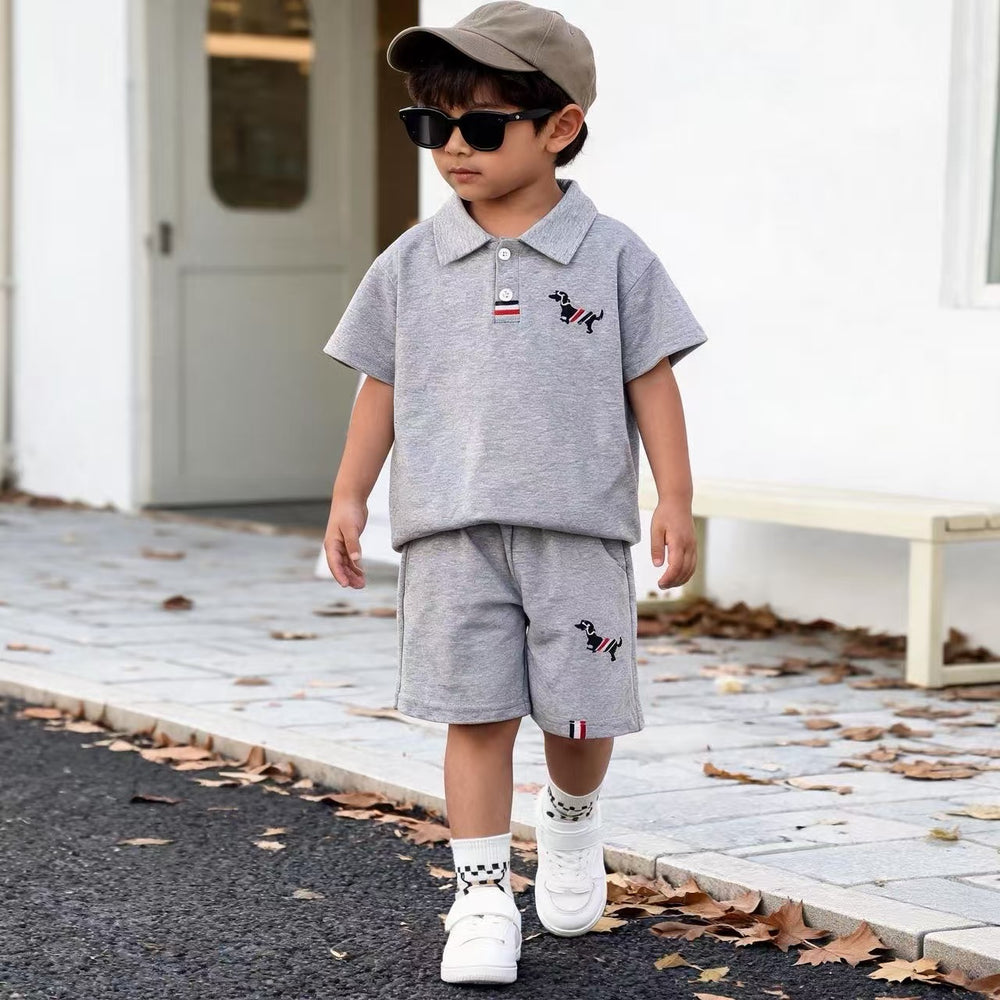 Kids' polo shirt and shorts set - new cotton collection with puppy logo - boys' solid color outfit - wholesale direct from factory