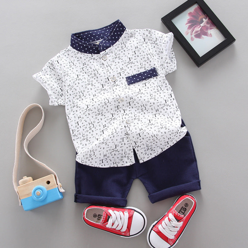 wholesale children's short-sleeve sets: summer boys' printed letter shirts, boys' short-sleeve t-shirt 2-piece sets