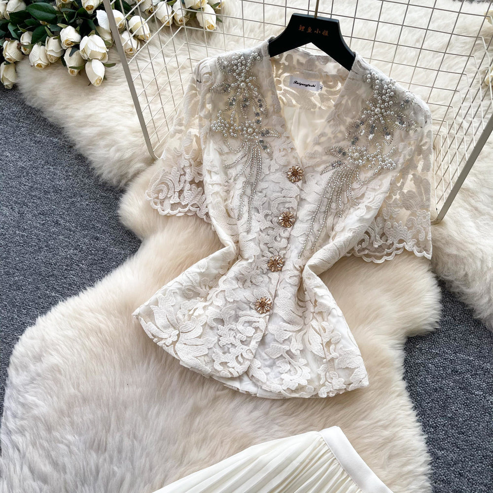 French chic v-neck lace embroidered top & high-waisted pleated skirt two-piece set - elegant & slimming summer outfit