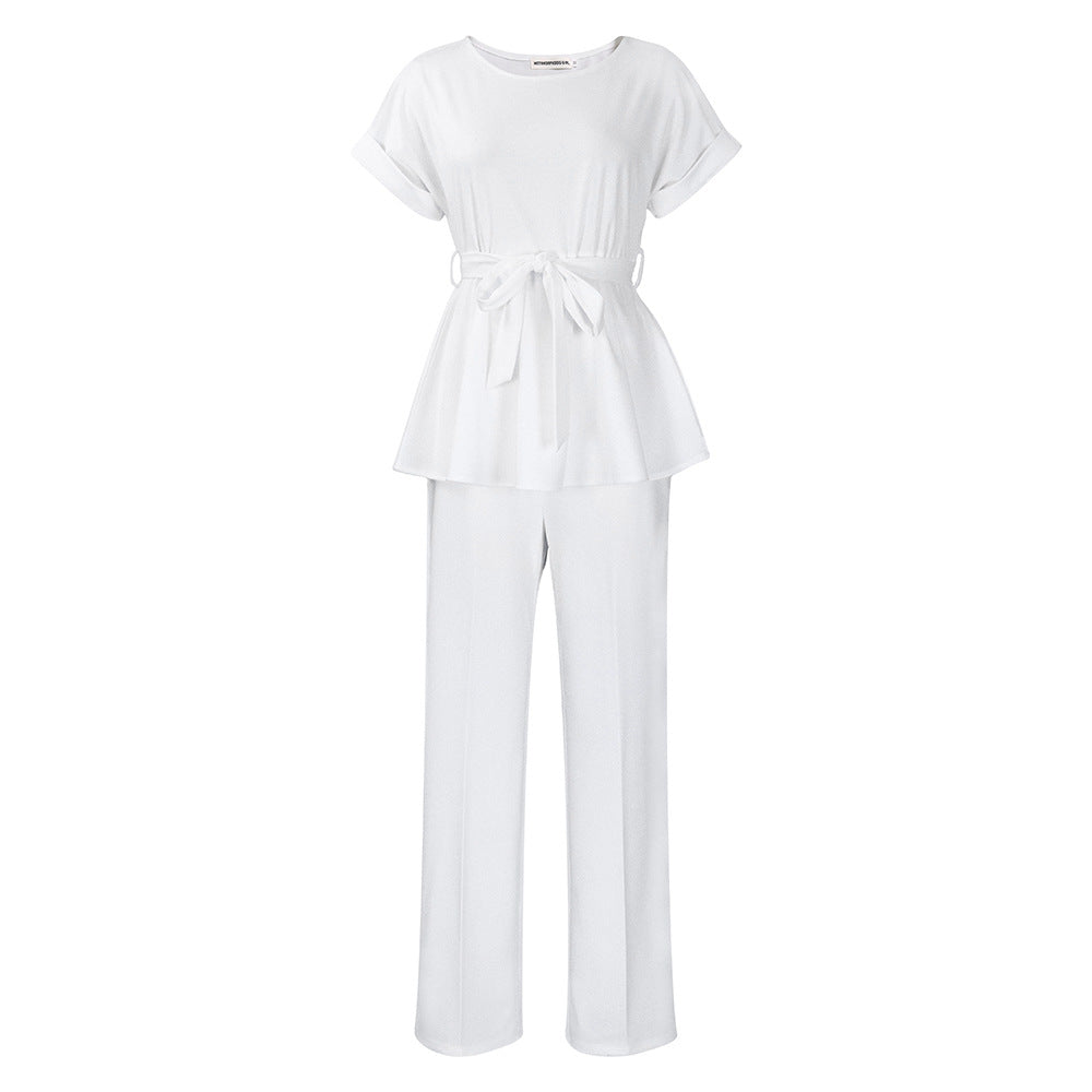 D3206 european and american style women's summer  solid color tie-up top and high-waisted wide-leg pants fashion casual export set