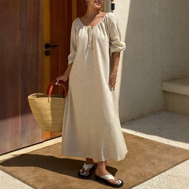 New chinese style women's summer nightgown - cotton silk retro butterfly print mid-sleeve loungewear - faux cotton maxi dress