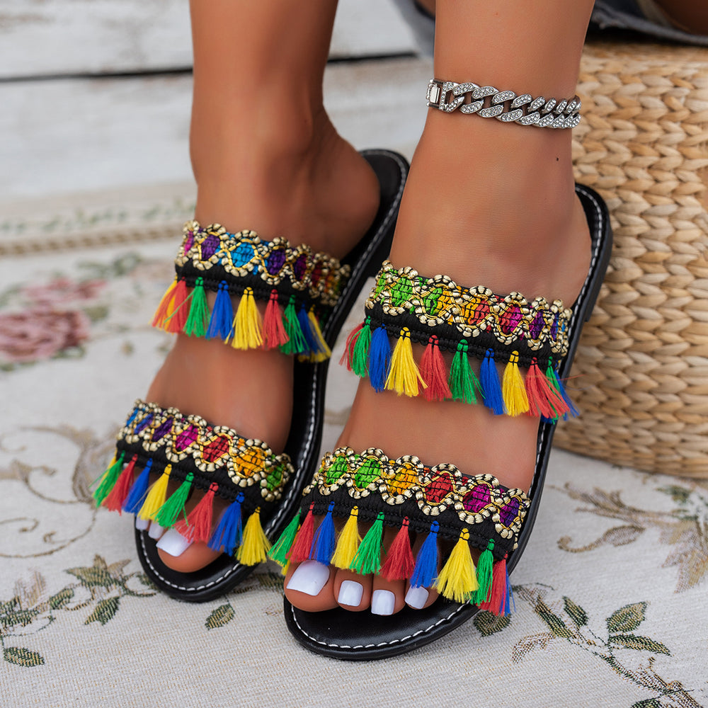 export tassel beach sandals women's  summer new bohemian flat large size slippers wholesale