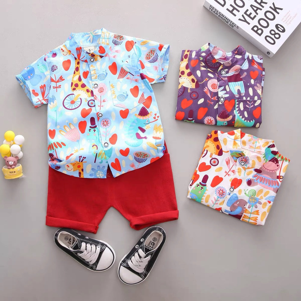 Boys' summer short-sleeve set: stylish kids' summer outfit, casual short-sleeve and shorts two-piece set, korean style baby clothes, trendy