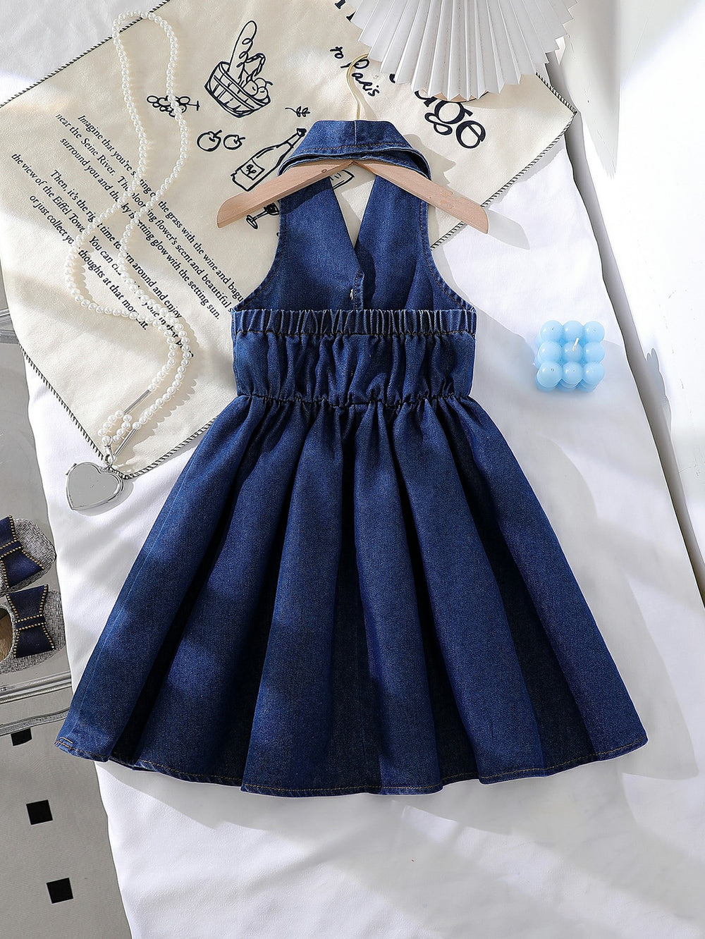 new cross-border european and american style girls' halter denim collar dress with denim bow detail