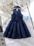 new cross-border european and american style girls' halter denim collar dress with denim bow detail