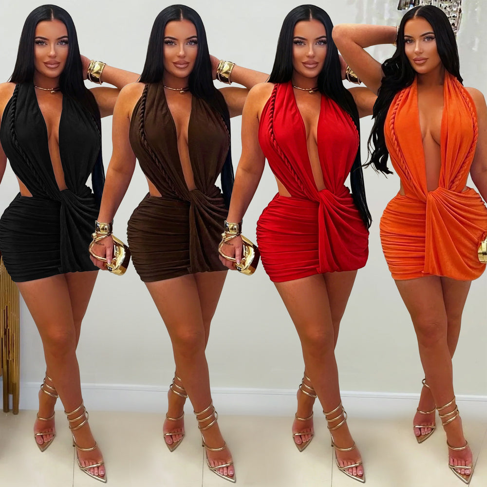 C7771 cross-border  new women's sexy deep v halter bodycon mini dress nightclub hot girl solid color dress