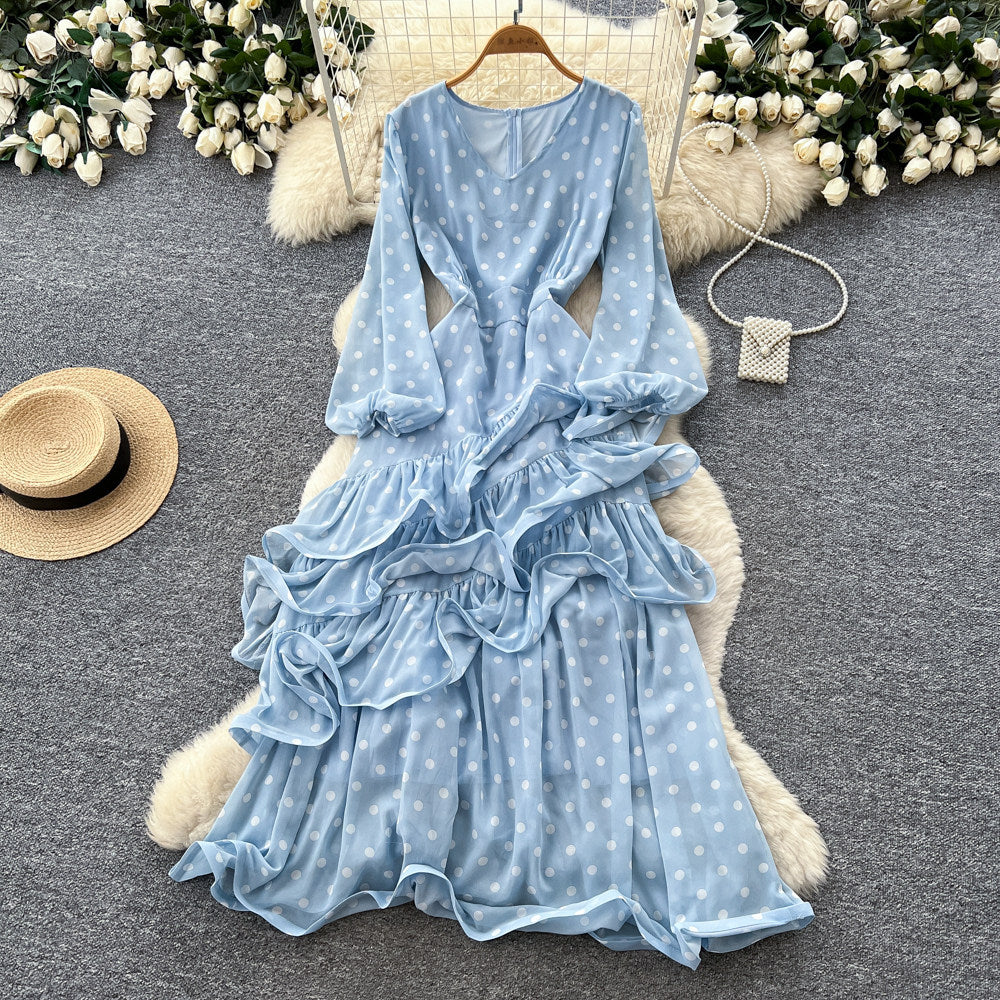 French polka dot v-neck bodycon asymmetrical dress - women's summer cinched waist ruffle trim slimming cake dress - socialite style
