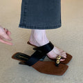 2026 new summer niche square-toe thong sandals with skirt, french wedge heel, slip-on mules, women's outdoor shoes