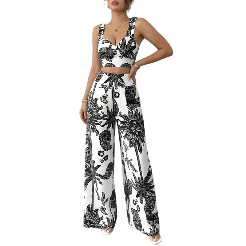 summer new women's clothing: cross-border european & american style casual vacation outfit - botanical print tank top & wide-leg pants set
