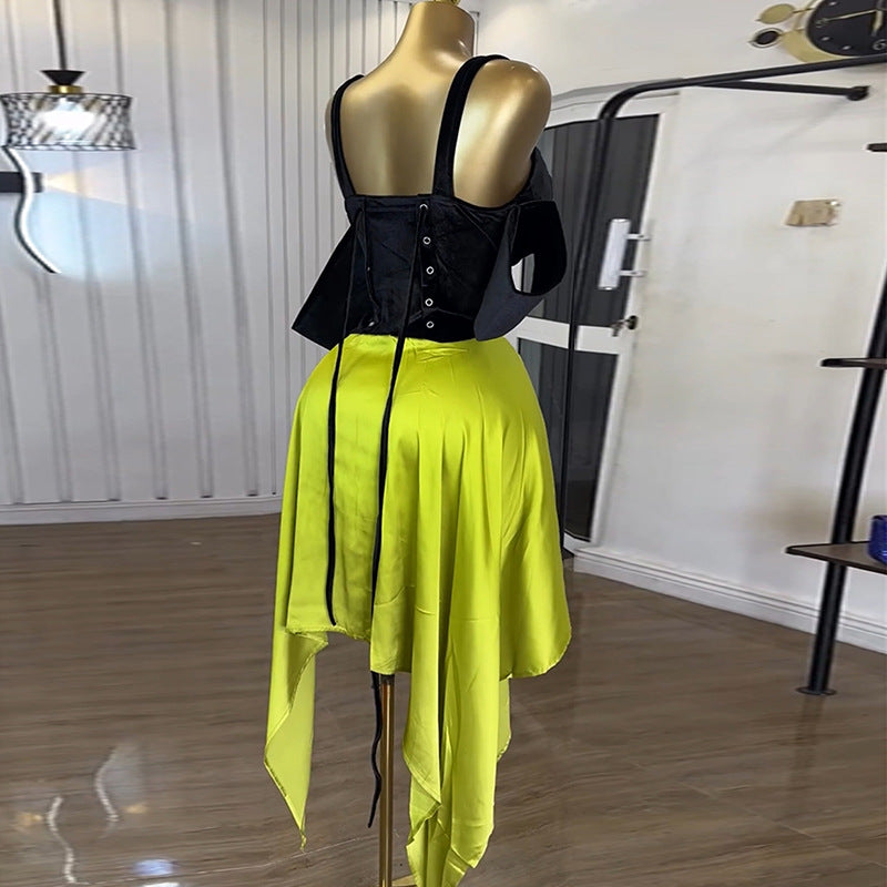 European and american cross-border african women's fashion  autumn new arrival: elegant patchwork asymmetrical dress with spaghetti straps