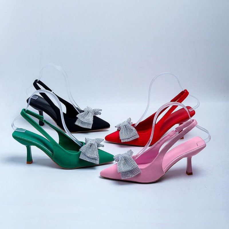 French pointed toe back strap bow rhinestone elastic band high heel sandals women women heels sandals