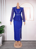 Fashion cross-border foreign trade mesh hot diamond elegant professional women's clothing plus size  african fake two-piece set dress