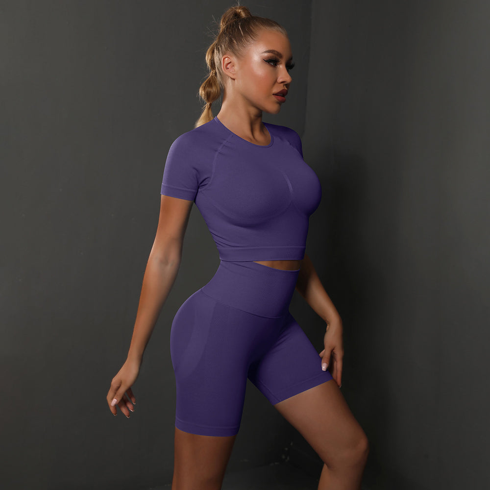fashion seamless peach butt pure color high elastic yoga short sleeve shortssuitrunning sports fitness two-piece set