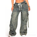 American retro distressed workwear wide-leg jeans - women's side pocket cargo pants with drawstring waist and loose fit