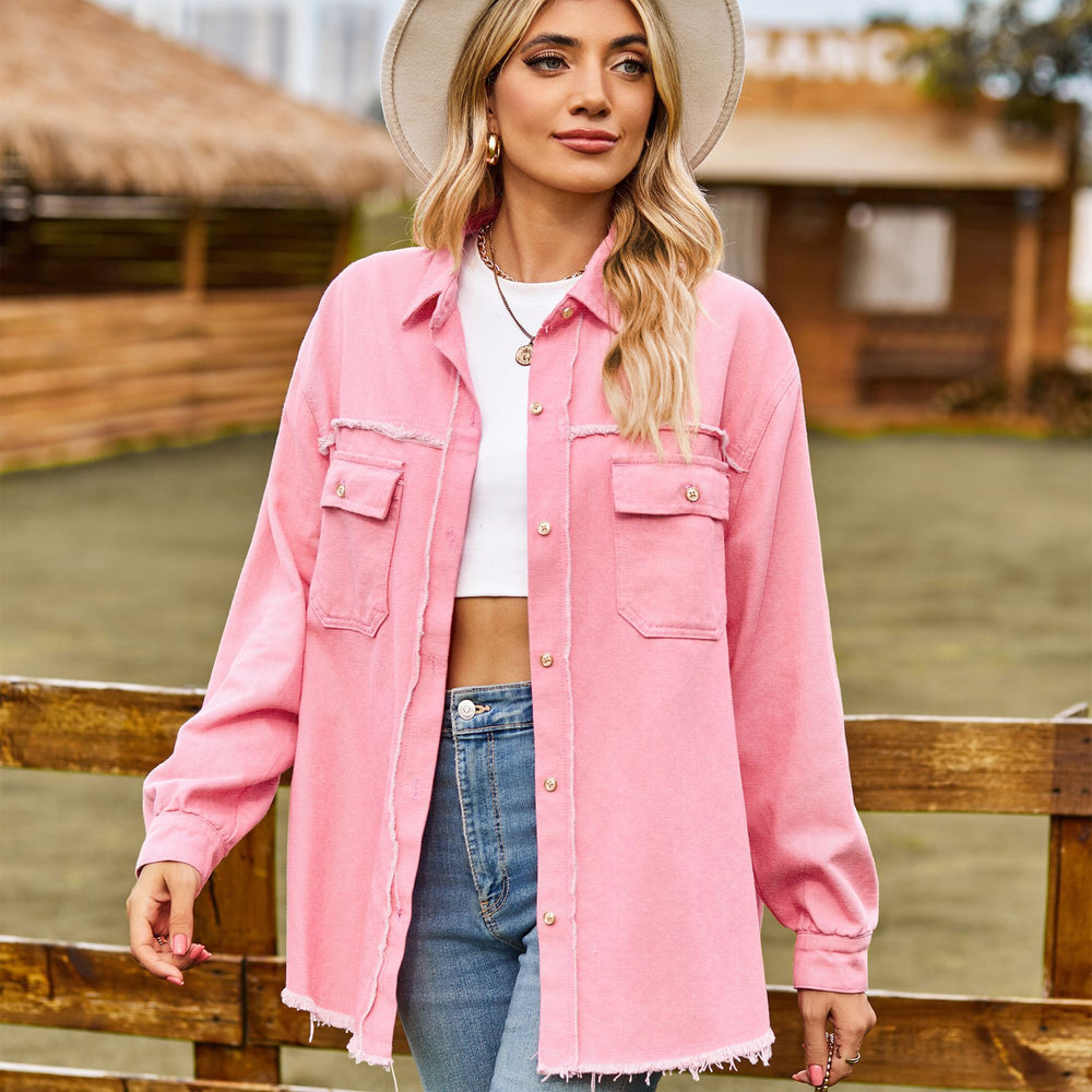 Fashion cross-border  autumn independent station  new arrival denim raw edge washed tassel topscasual shirt for women