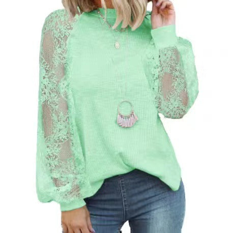 european and american export  new women's long-sleeve lace casual loose t-shirt top