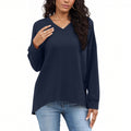 cross-border new women's fashion casual solid color v-neck long sleeve top hoodless sweatshirt