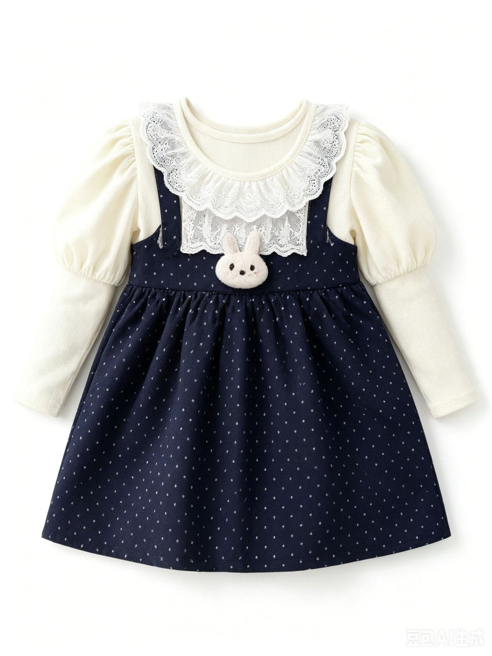 spring new girls' cotton dress, faux two-piece style, korean style toddler short-sleeve dress, cartoon design