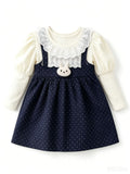 spring new girls' cotton dress, faux two-piece style, korean style toddler short-sleeve dress, cartoon design