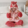 Girls' cartoon strawberry bear hooded pajamas - winter home wear two-piece set - warm, fleece-lined, and extra thick (sizes for toddlers to big kids)