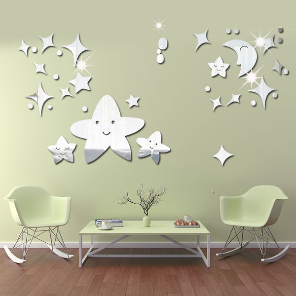 Cross-border hot-selling, star moon living room bedroom background wall mirror wall sticker, acrylic mirror DIY decorative sticker