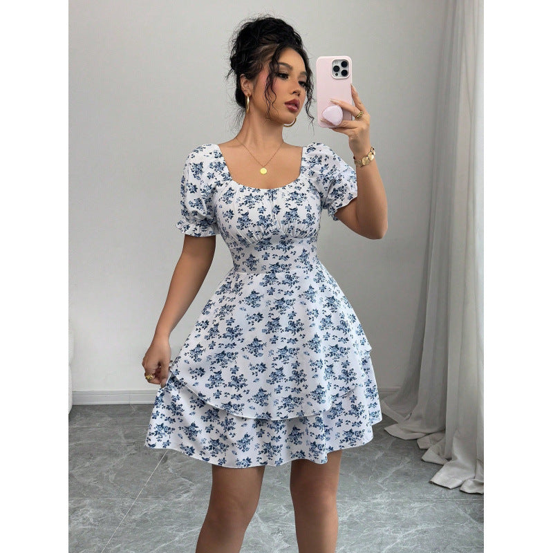 Ebay european and american cross-border foreign trade women's french square collar blue floral elegant dress