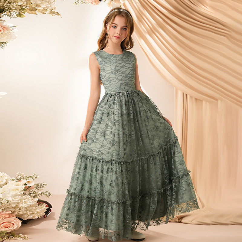 Custom girls' dresses - european & american style long gowns - lace elegant princess dresses - big & tall girls' round neck vest summer dresses - cross-border e-commerce