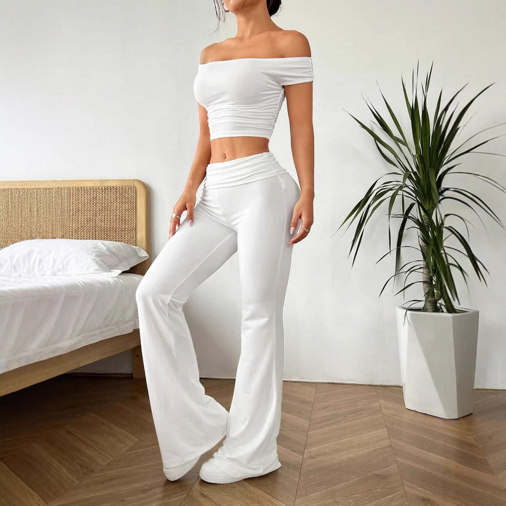 european and american  cross-border solid color one-shoulder ruched t-shirt and flare pants two-piece set for women