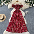 French sweet style square neck floral dress women's summer korean style ruched waist tie-up a-line elegant maxi dress - red