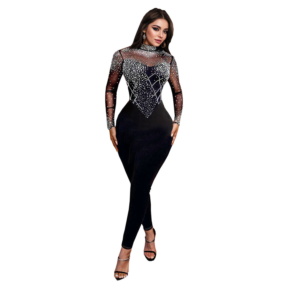 C7137 cross-border   fashion women's sexy mesh rhinestone textured banquet jumpsuit