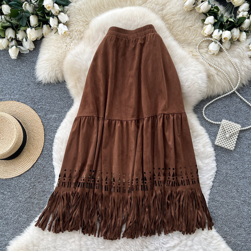 Korean style high-waisted a-line midi skirt with tassel detail - versatile work skirt for autumn