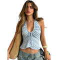 European and american women's clothing  summer new retro hot girl street style plaid tie-up halter crop top