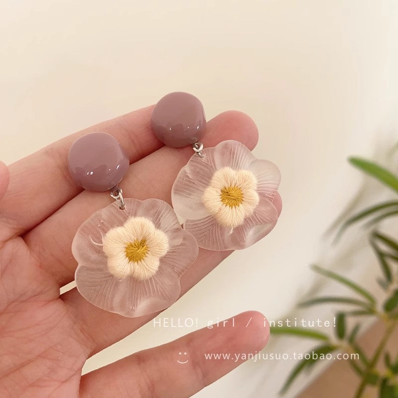 Luxury transparent floral earrings for women - unique, slimming, and statement-making round face earrings - fresh summer studs