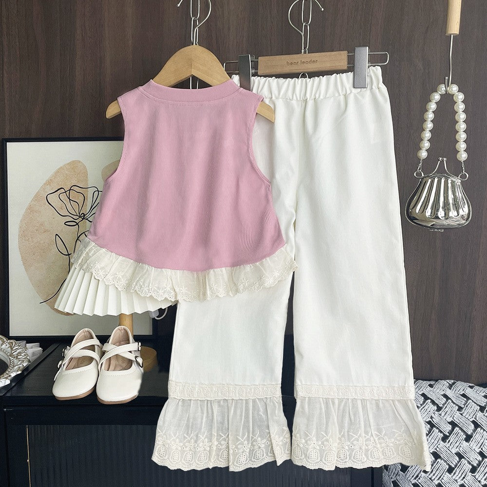 summer new girls' sleeveless tank top set - bowknot lace princess style two-piece outfit - korean style sweet