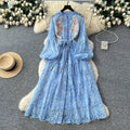 French retro heavy beaded sequin embroidered tie-waist lantern sleeve dress - women's autumn elegant maxi dress
