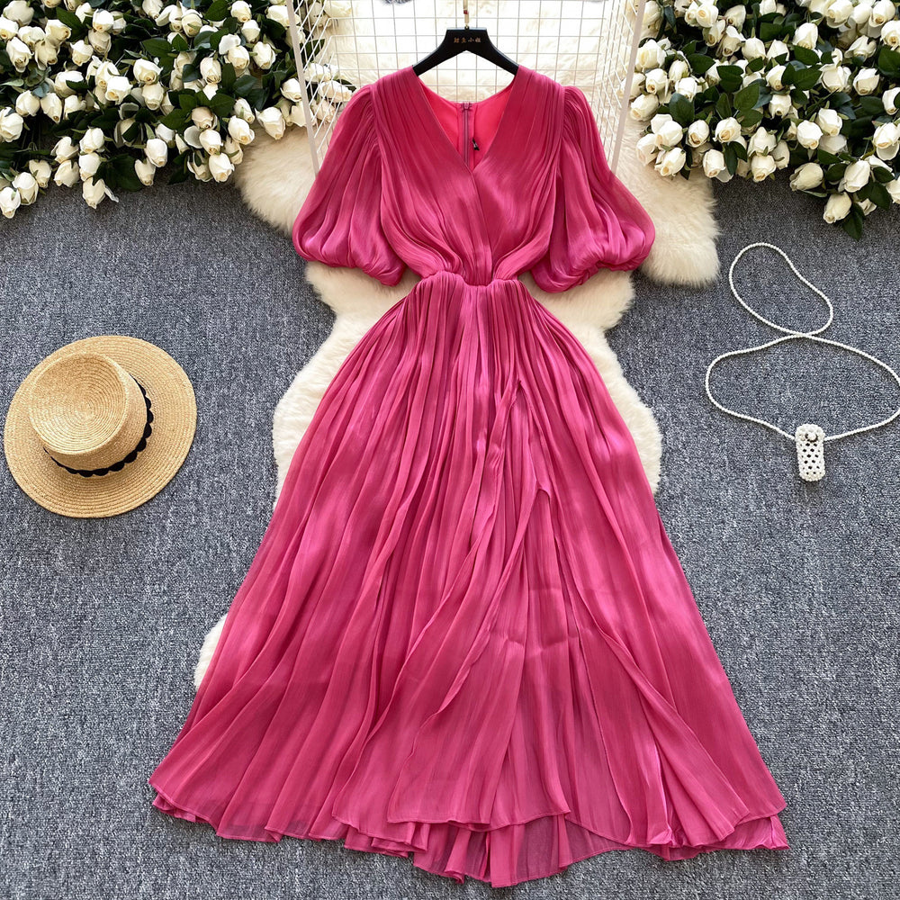 Summer french chic elegant puff sleeve short-sleeve dress v-neck pleated waist flared maxi dress with belt