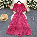 Summer french chic elegant puff sleeve short-sleeve dress v-neck pleated waist flared maxi dress with belt