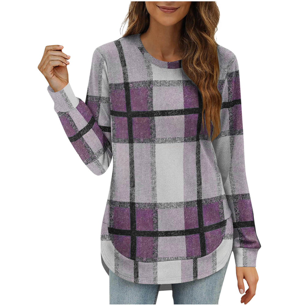 new women's casual loose plaid long sleeve crew neck irregular hem top - perfect for cross-border  sales