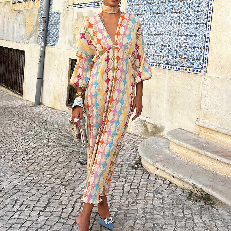 cross-border e-commerce european and american women's clothing: new summer collection - elegant and chic printed v-neck lantern sleeve midi dress