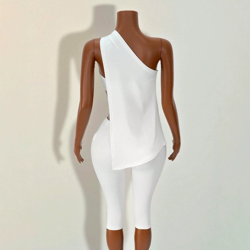 European and american style asymmetrical sleeveless top and slim-fit tie-waist capri pants set - versatile and chic for early summer