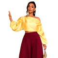 Amazon new satin one-shoulder top - loose fit, bubble sleeve, designer-style, elegant short blouse for banquets & events