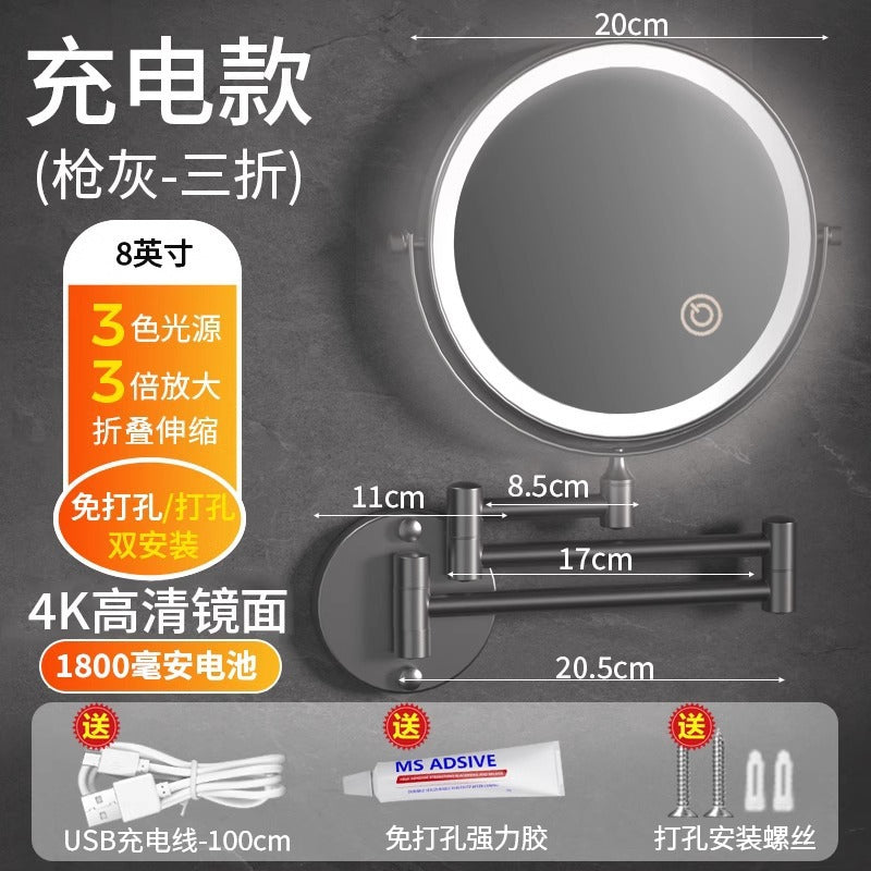 Toilet mirror folding non-punching hotel bathroom cosmetic mirror wall hanging telescopic double-sided LED beauty mirror with lamp