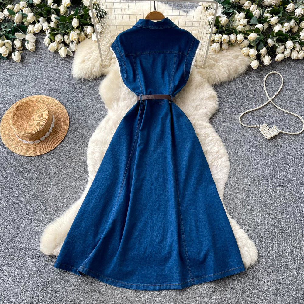 Frenchwork clothing style sleeveless denim dress women's summer lazy waist a-line skirt slimming lookelegant mid-length skirt