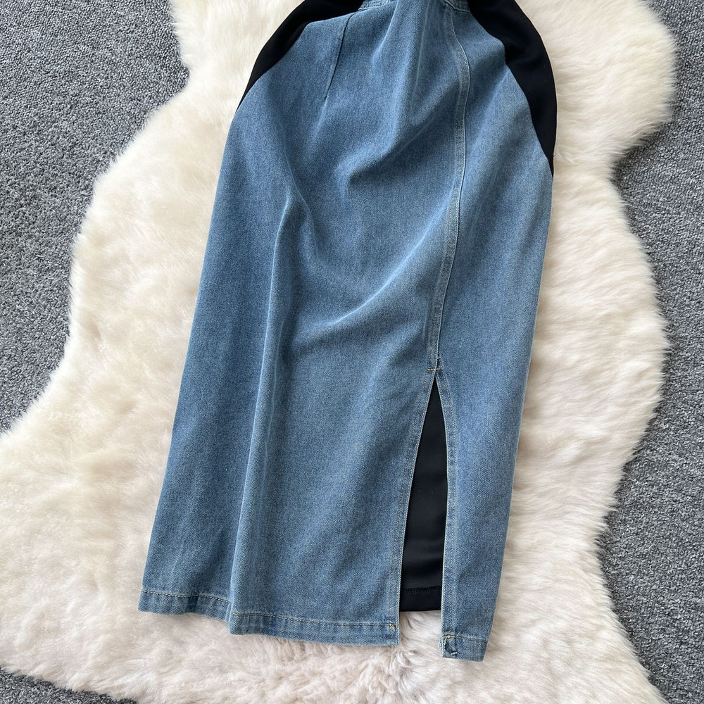 Sophisticated chic: handcrafted, diamond-accented lace patchwork polo collar denim mini dress - a unique summer staple