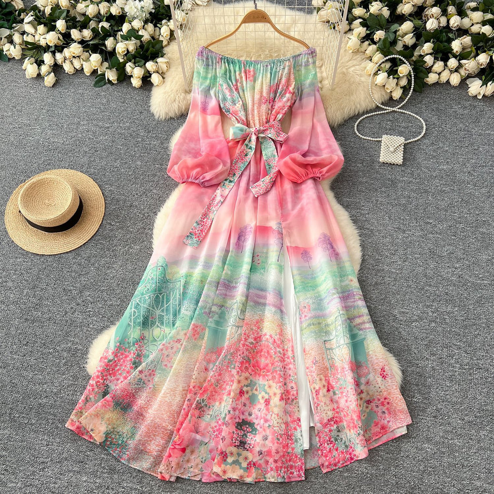 Early spring resort style dress - women's  new arrival: off-the-shoulder tie-waist lantern sleeve printed chiffon maxi dress