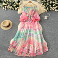 Early spring resort style dress - women's  new arrival: off-the-shoulder tie-waist lantern sleeve printed chiffon maxi dress