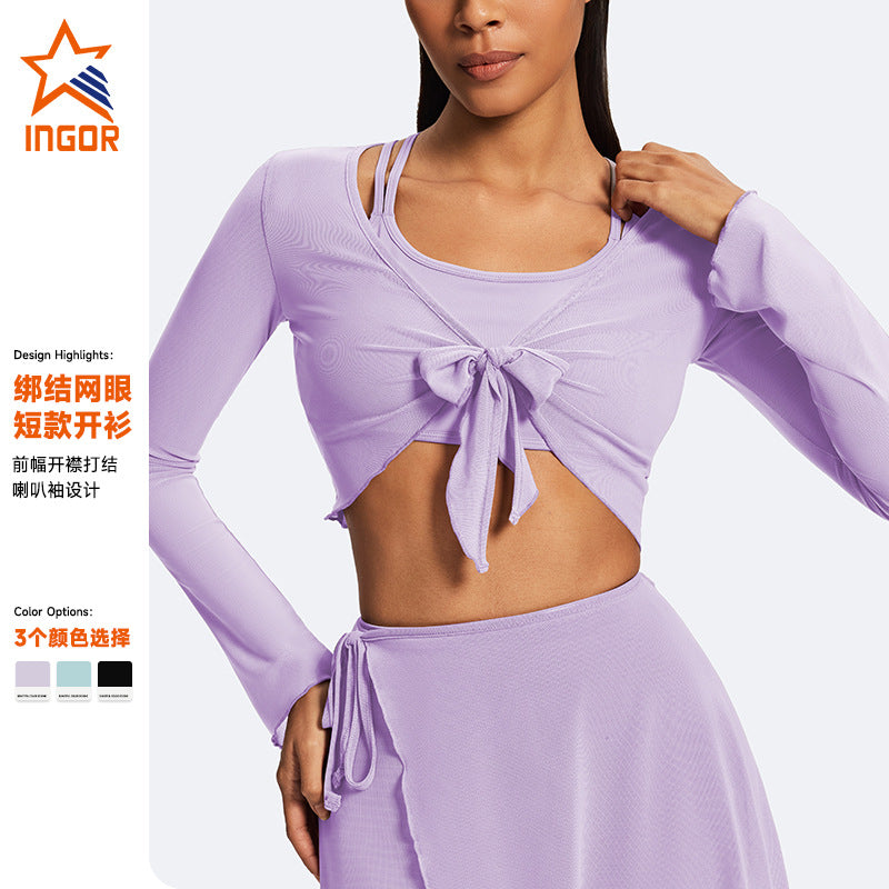 New breathable mesh yoga cover-up top - tie-waist, cropped, slimming, elegant, sleeveless activewear for running and yoga