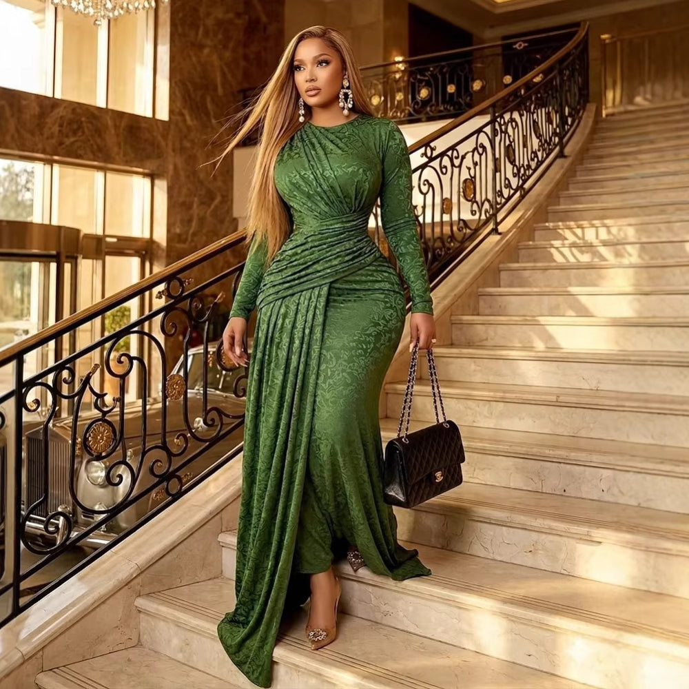 European and american cross-border women's clothing:  spring new arrival - elegant and chic ruched bodycon print midi dress