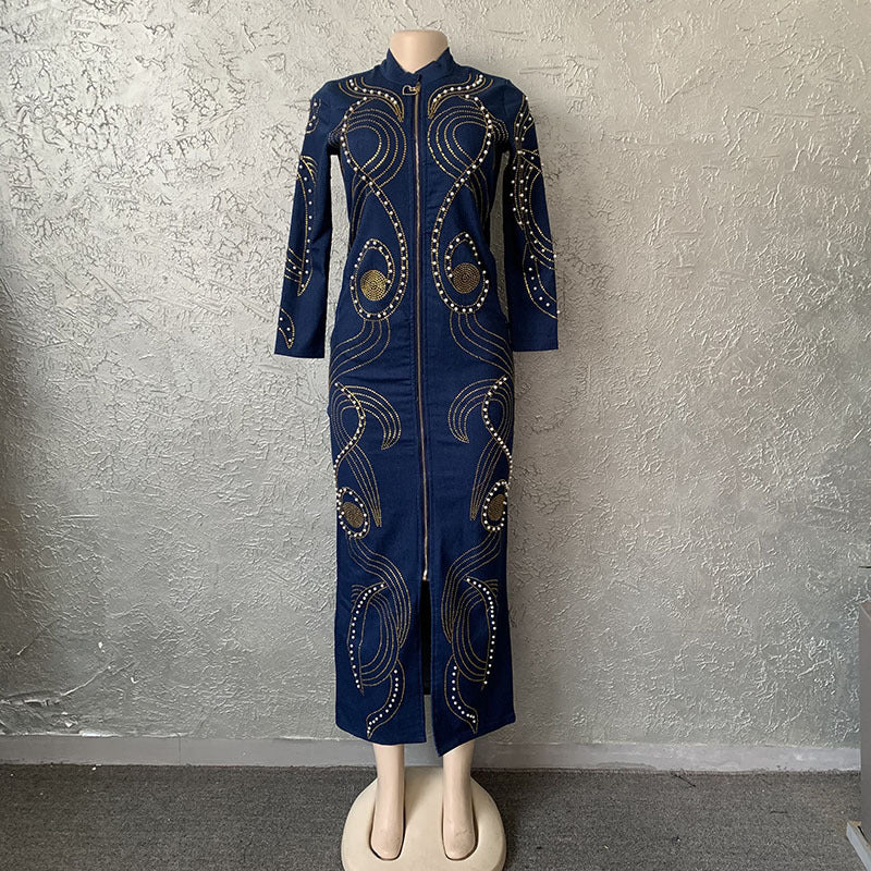 supply manufacturers direct sales african fashionfashion silm elastic denim silm hot diamond beaded long skirt big sale