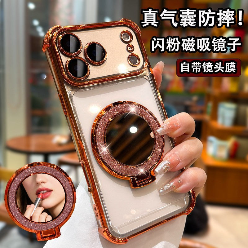 Electroplated four-corner airbag shockproof phone case for iphone 17, apple 14 glitter mirror magnetic stand protective cover